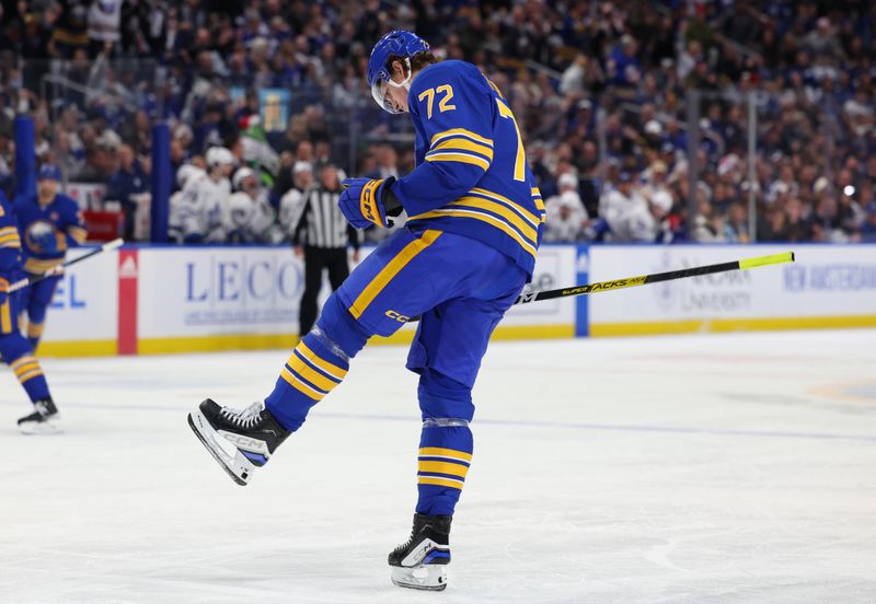 Dec 21, 2023; Buffalo, New York, USA;  Buffalo Sabres right wing Tage Thompson (72) reacts after scoring a goal during the second period against the Toronto Maple Leafs at KeyBank Center. Mandatory Credit: Timothy T. Ludwig-USA TODAY Sports