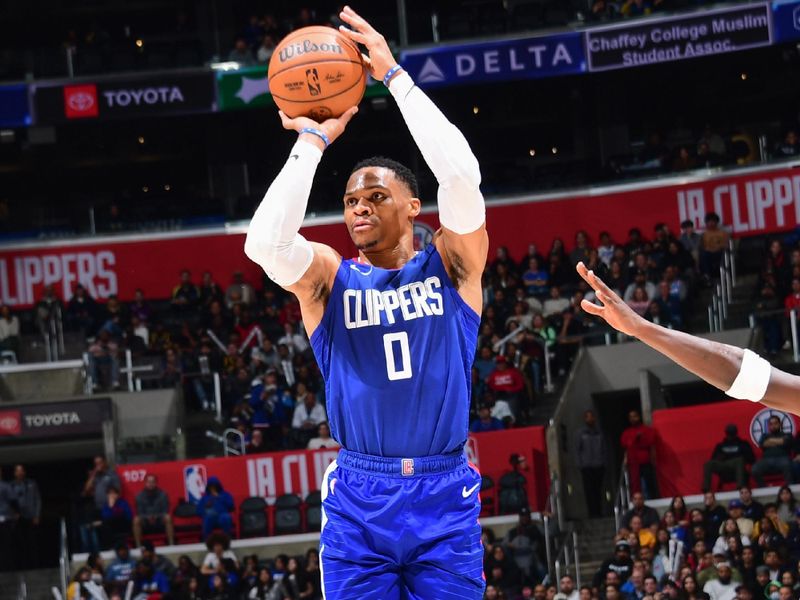 LOS ANGELES, CA - FEBRUARY 12:  Russell Westbrook #0 of the LA Clippers shoots the ball during the game  on February 12, 2024 at Crypto.Com Arena in Los Angeles, California. NOTE TO USER: User expressly acknowledges and agrees that, by downloading and/or using this Photograph, user is consenting to the terms and conditions of the Getty Images License Agreement. Mandatory Copyright Notice: Copyright 2024 NBAE (Photo by Adam Pantozzi/NBAE via Getty Images)