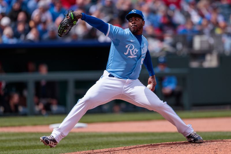 Apr 16, 2023; Kansas City, Missouri, USA; Kansas City Royals relief pitcher Aroldis Chapman (54) pitching during the seventh inning against the Atlanta Braves at Kauffman Stadium. Mandatory Credit: William Purnell-USA TODAY Sports