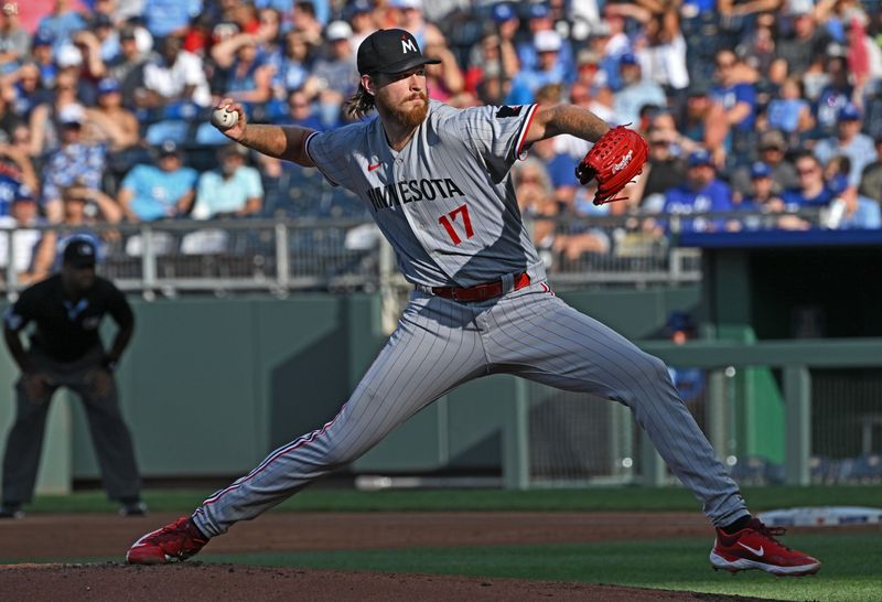 Jul 29, 2023; Kansas City, Missouri, USA;  Minnesota Twins starting pitcher Bailey Ober (17) delivers a pitch during the first inning against the Kansas City Royals at Kauffman Stadium. Mandatory Credit: Peter Aiken-USA TODAY Sports