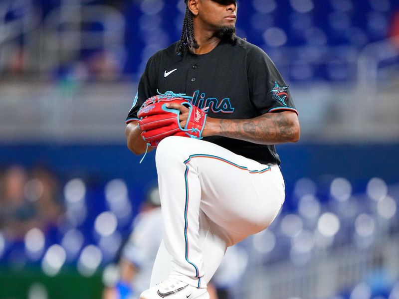 Jun 7, 2023; Miami, Florida, USA; Miami Marlins starting pitcher Edward Cabrera (27) throws a pitch against the Kansas City Royals during the first inning at loanDepot Park. Mandatory Credit: Rich Storry-USA TODAY Sports