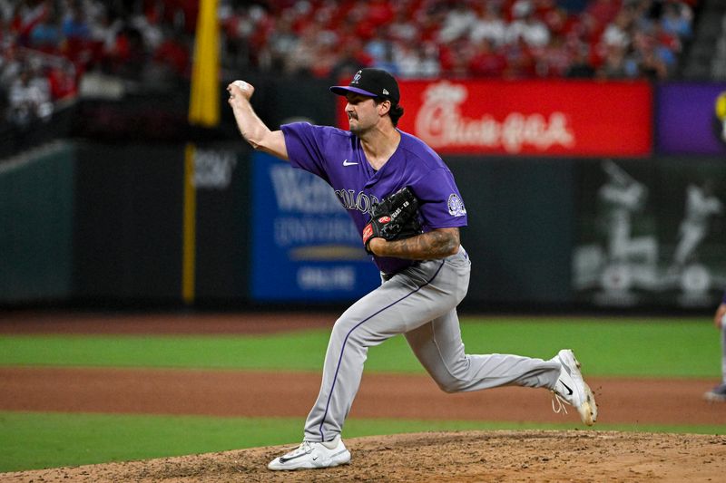 Aug 5, 2023; St. Louis, Missouri, USA;  Colorado Rockies relief pitcher Connor Seabold (43) pitches against the St. Louis Cardinals during the eighth inning at Busch Stadium. Mandatory Credit: Jeff Curry-USA TODAY Sports