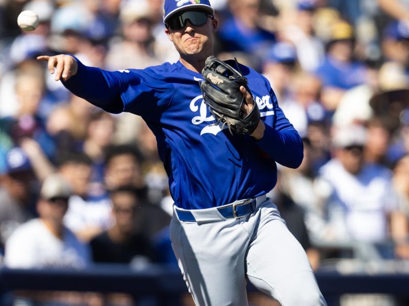 Feb 22, 2026; Peoria, Arizona, USA; Los Angeles Dodgers third baseman Nick Senzel against the San Diego Padres during a spring training game at Peoria Sports Complex. Mandatory Credit: Mark J. Rebilas-Imagn Images Feb 22, 2026; Peoria, Arizona, USA; Los Angeles Dodgers third baseman Nick Senzel against the San Diego Padres during a spring training game at Peoria Sports Complex. Mandatory Credit: Mark J. Rebilas-Imagn Images