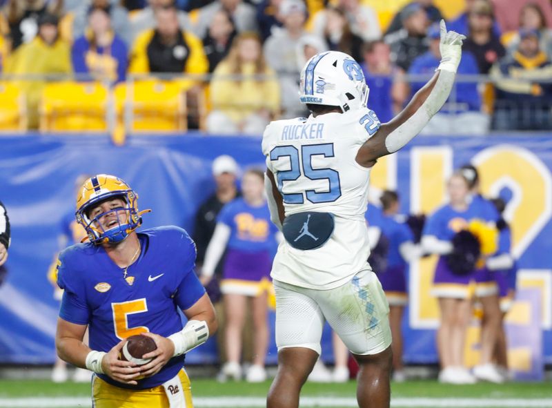 Sep 23, 2023; Pittsburgh, Pennsylvania, USA; North Carolina Tar Heels linebacker Kaimon Rucker (25) celebrates after sacking Pittsburgh Panthers quarterback Phil Jurkovec (5) during the second quarter at Acrisure Stadium. Mandatory Credit: Charles LeClaire-USA TODAY Sports