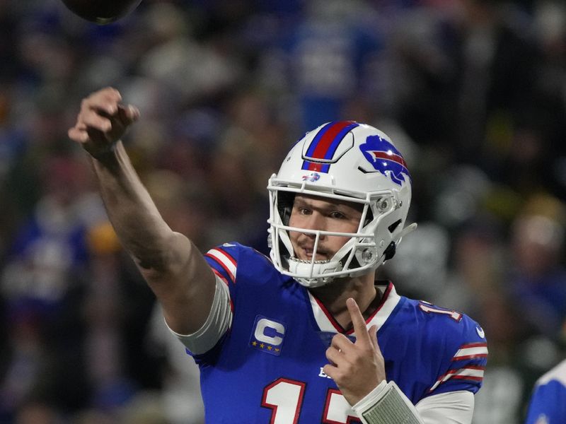 Buffalo Bills quarterback Josh Allen (17) warms up before an NFL football game against the Green Bay Packers, Sunday, Oct. 30, 2022, in Buffalo, New York. (AP Photo/Rick Scuteri)