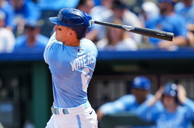 Aug 3, 2023; Kansas City, Missouri, USA; Kansas City Royals center fielder Drew Waters (6) hits a home run during the seventh inning against the New York Mets at Kauffman Stadium. Mandatory Credit: Jay Biggerstaff-USA TODAY Sports