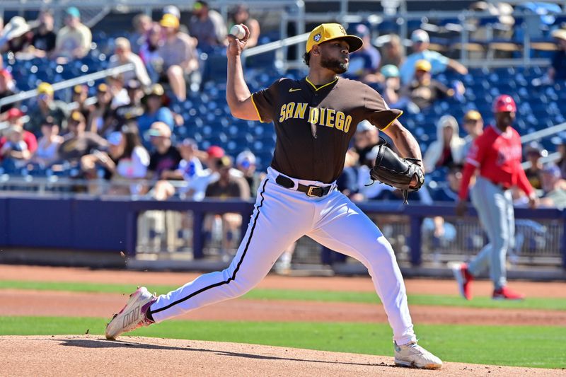 Mar 1, 2024; Peoria, Arizona, USA; San Diego Padres starting pitcher Randy Vasquez (98) throws in the first inning against the Los Angeles Angels during a spring training game  at Peoria Sports Complex. Mandatory Credit: Matt Kartozian-USA TODAY Sports