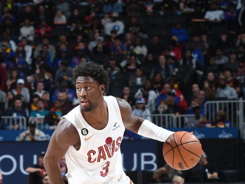 DETROIT, MI - NOVEMBER 4: Caris LeVert #3 of the Cleveland Cavaliers handles the ball during the game against the Detroit Pistons on November 4, 2022 at Little Caesars Arena in Detroit, Michigan. NOTE TO USER: User expressly acknowledges and agrees that, by downloading and/or using this photograph, User is consenting to the terms and conditions of the Getty Images License Agreement. Mandatory Copyright Notice: Copyright 2022 NBAE (Photo by Chris Schwegler/NBAE via Getty Images)