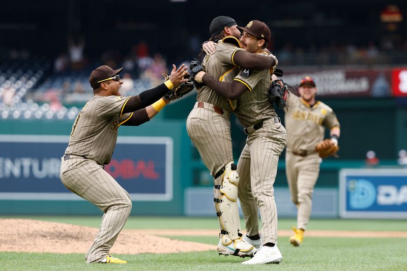 Jul 25, 2024; Washington, District of Columbia, USA; San Diego Padres starting pitcher Dylan Cease (84) celebrates with teammates after the final out of a no-hitter against the Washington Nationals at Nationals Park. Mandatory Credit: Geoff Burke-USA TODAY Sports