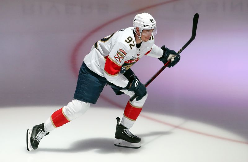 Dec 3, 2024; Pittsburgh, Pennsylvania, USA;  Florida Panthers left wing Tomas Nosek (92) takes the ice to warm up against the Pittsburgh Penguins at PPG Paints Arena. Mandatory Credit: Charles LeClaire-Imagn Images