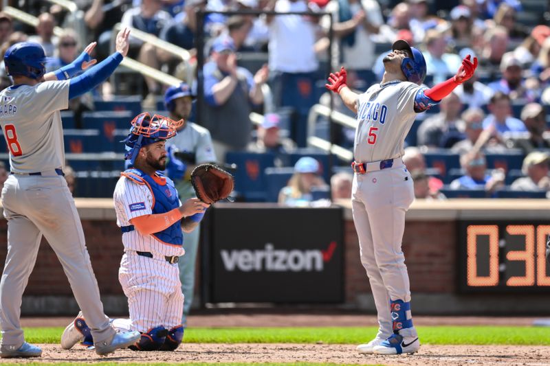 May 2, 2024; New York City, New York, USA; Chicago Cubs third baseman Christopher Morel (5) reacts after hitting a three run home run against the New York Mets during the fifth inning at Citi Field. Mandatory Credit: John Jones-USA TODAY Sports