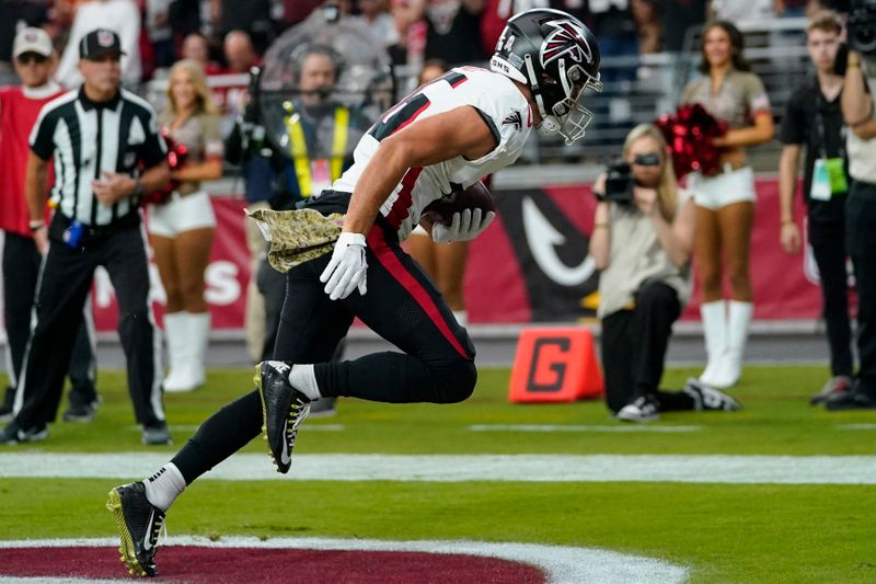 Atlanta Falcons wide receiver Scott Miller (16) runs into the end zone for a touchdown against the Arizona Cardinals during the first half of an NFL football game, Sunday, Nov. 12, 2023, in Glendale, Ariz. (AP Photo/Matt York)