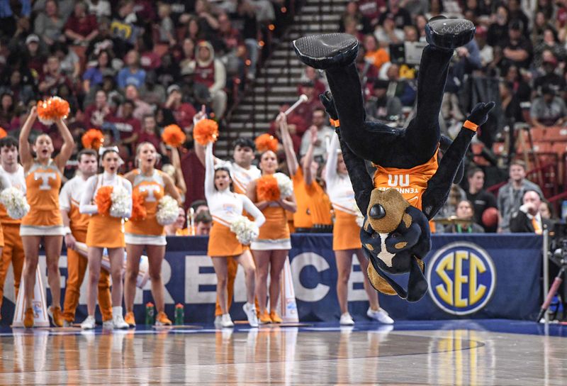 Mar 5, 2023; Greenville, SC, USA; Smokey the mascot does a flip during a break in the Championship game with Tennessee during the third quarter of the SEC Women's Basketball Tournament at Bon Secours Wellness Arena. Mandatory Credit: Ken Ruinard-USA TODAY Sports