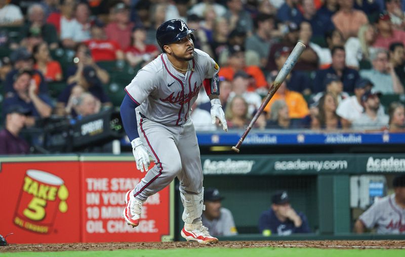 Apr 16, 2024; Houston, Texas, USA; Atlanta Braves catcher Chadwick Tromp (45) hits a double during the eighth inning against the Houston Astros at Minute Maid Park. Mandatory Credit: Troy Taormina-USA TODAY Sports