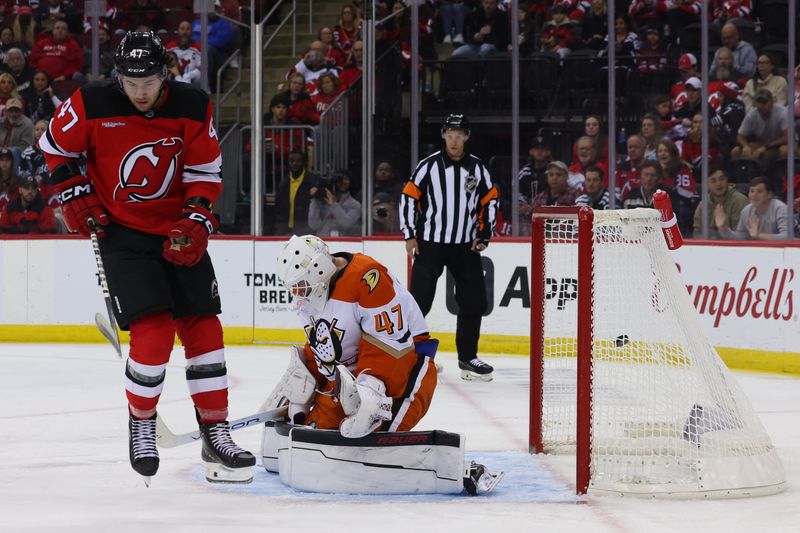 Oct 27, 2024; Newark, New Jersey, USA; New Jersey Devils right wing Stefan Noesen (11) (not shown) scores a goal against the Anaheim Ducks during the second period at Prudential Center. Mandatory Credit: Ed Mulholland-Imagn Images