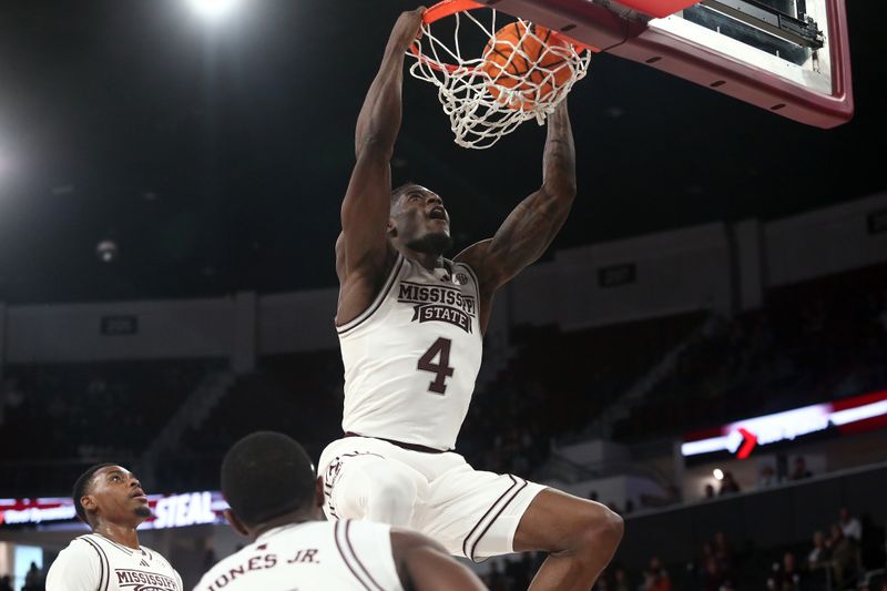 Dec 3, 2023; Starkville, Mississippi, USA; Mississippi State Bulldogs forward Cameron Matthews (4) dunks during the second half against the Southern Jaguars at Humphrey Coliseum. Mandatory Credit: Petre Thomas-USA TODAY Sports