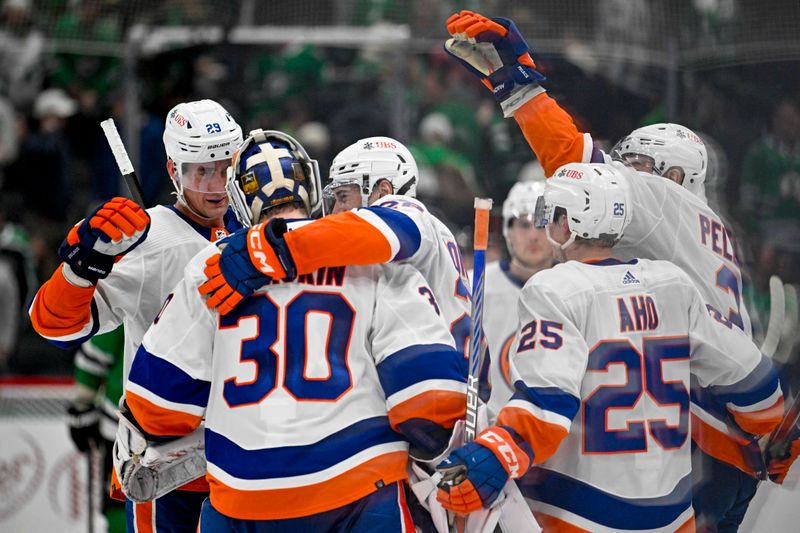 Feb 26, 2024; Dallas, Texas, USA; New York Islanders goaltender Ilya Sorokin (30) and center Brock Nelson (29) and defenseman Sebastian Aho (25) celebrate after the Islanders defeat the Dallas Stars in overtime at the American Airlines Center. Mandatory Credit: Jerome Miron-USA TODAY Sports