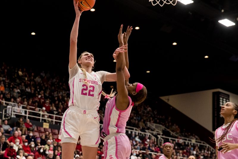 Feb 17, 2023; Stanford, California, USA;  Stanford Cardinal forward Cameron Brink (22) shoots over USC Trojans forward Koi Love (0) during the second half at Maples Pavilion. Mandatory Credit: John Hefti-USA TODAY Sports