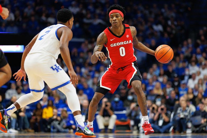 Jan 17, 2023; Lexington, Kentucky, USA; Georgia Bulldogs guard Terry Roberts (0) handles the ball during the first half against the Kentucky Wildcats at Rupp Arena at Central Bank Center. Mandatory Credit: Jordan Prather-USA TODAY Sports