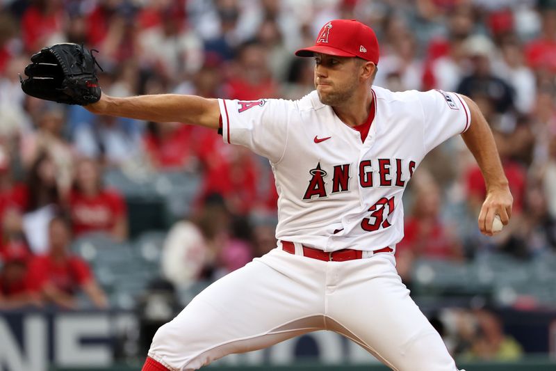 Sep 9, 2023; Anaheim, California, USA;  Los Angeles Angels starting pitcher Tyler Anderson (31) pitches during the first inning against the Cleveland Guardians at Angel Stadium. Mandatory Credit: Kiyoshi Mio-USA TODAY Sports