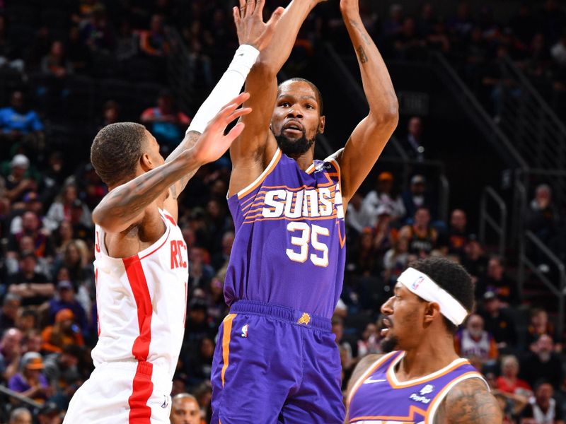 PHOENIX, AZ - MARCH 2:  Kevin Durant #35 of the Phoenix Suns shoots the ball during the game against the Houston Rockets on March 2, 2024 at Footprint Center in Phoenix, Arizona. NOTE TO USER: User expressly acknowledges and agrees that, by downloading and or using this photograph, user is consenting to the terms and conditions of the Getty Images License Agreement. Mandatory Copyright Notice: Copyright 2024 NBAE (Photo by Barry Gossage/NBAE via Getty Images)