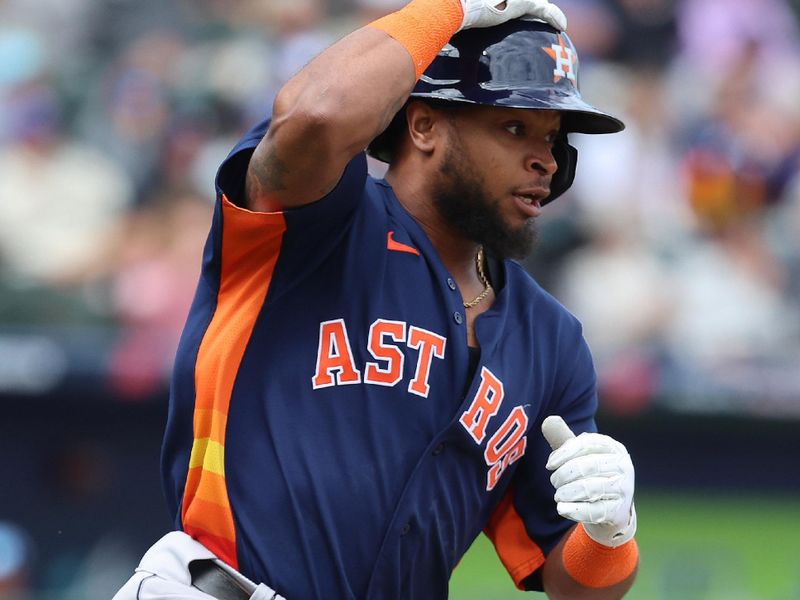 Mar 15, 2023; North Port, Florida, USA; Houston Astros outfielder Corey Julks (87) singles against the Atlanta Braves during the third inning at CoolToday Park. Mandatory Credit: Kim Klement-USA TODAY Sports