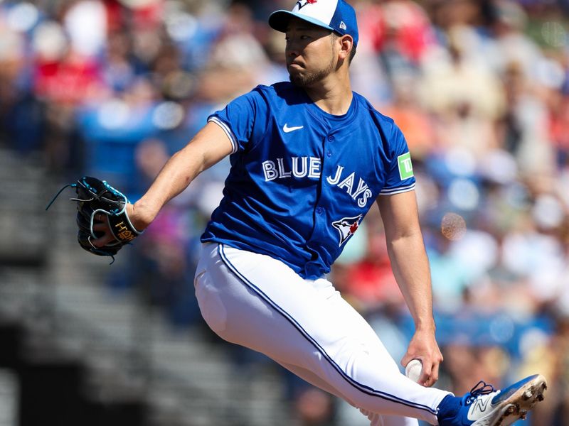 Feb 26, 2024; Dunedin, Florida, USA;  Toronto Blue Jays starting pitcher Yusei Kikuchi (16) throws a pitch against the Pittsburgh Pirates in the first inning at TD Ballpark. Mandatory Credit: Nathan Ray Seebeck-USA TODAY Sports