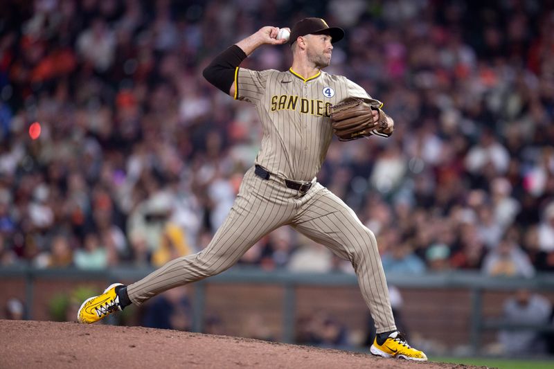 Jun 2, 2025; San Francisco, California, USA; San Diego Padres pitcher Jason Adam (40) delivers a pitch against the San Francisco Giants during the eighth inning at Oracle Park. Mandatory Credit: D. Ross Cameron-Imagn Images