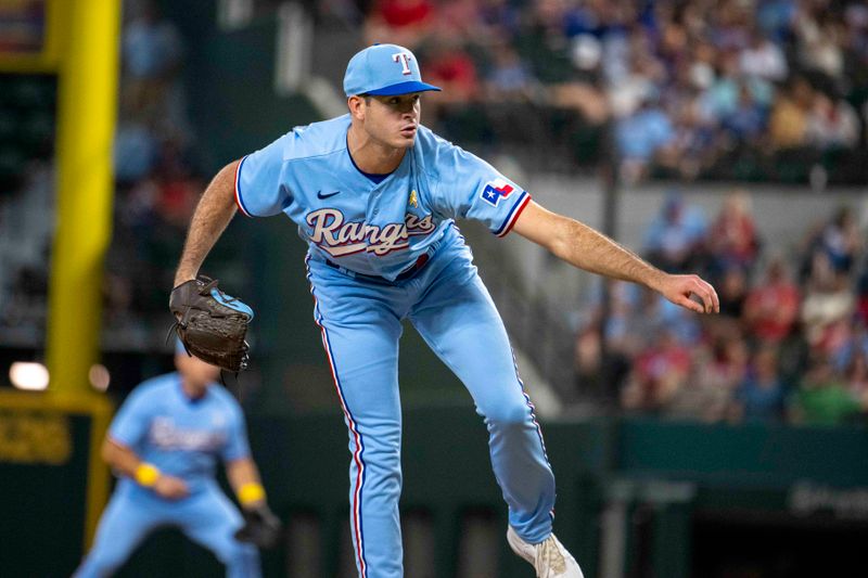 Sep 3, 2023; Arlington, Texas, USA; Texas Rangers starting pitcher Cody Bradford (61) pitches against the Minnesota Twins during the ninth inning at Globe Life Field. Mandatory Credit: Jerome Miron-USA TODAY Sports