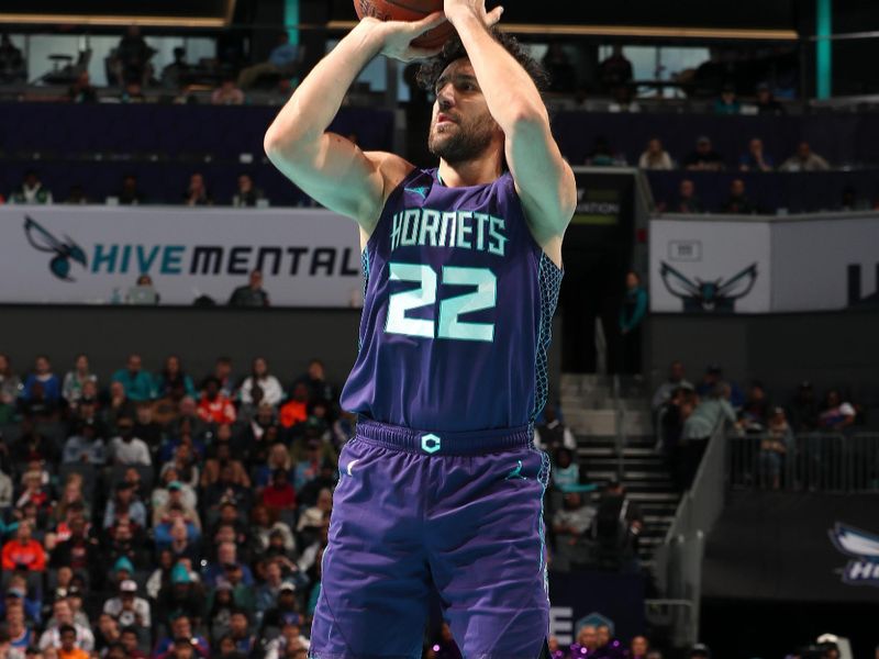 CHARLOTTE, NC - NOVEMBER 29: Vasilije Micic #22 of the Charlotte Hornets shoots the ball during the game against the New York Knicks during the Emirates NBA Cup game on November 29, 2024 at Spectrum Center in Charlotte, North Carolina. NOTE TO USER: User expressly acknowledges and agrees that, by downloading and or using this photograph, User is consenting to the terms and conditions of the Getty Images License Agreement. Mandatory Copyright Notice: Copyright 2024 NBAE (Photo by Kent Smith/NBAE via Getty Images)