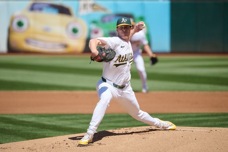 Aug 18, 2024; Oakland, California, USA; Oakland Athletics starting pitcher JP Sears (38) throws a pitch against the San Francisco Giants during the first inning at Oakland-Alameda County Coliseum. Mandatory Credit: Robert Edwards-USA TODAY Sports