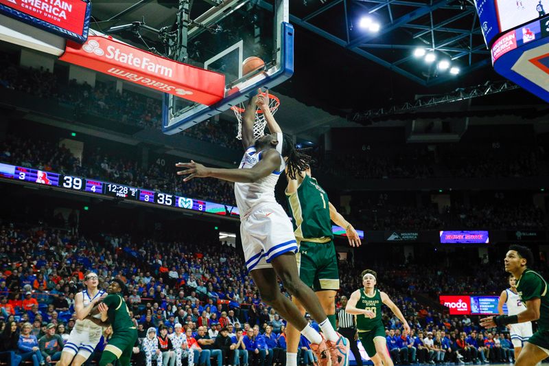 Jan 9, 2024; Boise, Idaho, USA; Boise State Broncos forward O'Mar Stanley (1) attempts to rebound during the second half against the Colorado State Rams at ExtraMile Arena. Mandatory Credit: Brian Losness-USA TODAY Sports