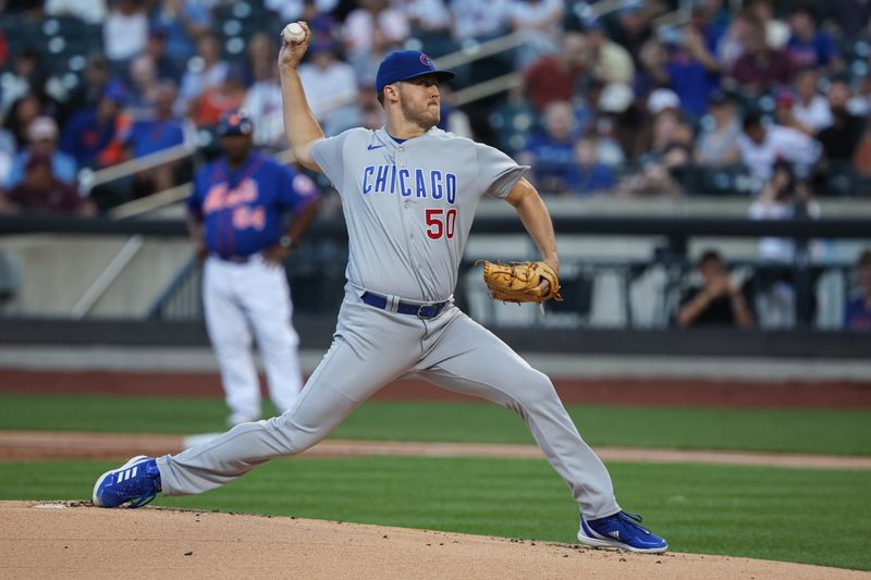 Aug 8, 2023; New York City, New York, USA; Chicago Cubs starting pitcher Jameson Taillon (50) delivers a pitch during the first inning against the New York Mets at Citi Field. Mandatory Credit: Vincent Carchietta-USA TODAY Sports