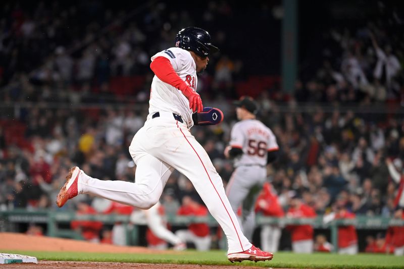 May 1, 2024; Boston, Massachusetts, USA; Boston Red Sox second baseman Enmanuel Valdez (47) runs home on an RBI by center fielder Jarren Duran (16) (not pictured) during the fourth inning against the San Francisco Giants at Fenway Park. Mandatory Credit: Eric Canha-USA TODAY Sports