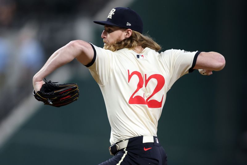 Aug 30, 2024; Arlington, Texas, USA; Texas Rangers pitcher Jon Gray (22) throws a pitch against the Oakland Athletics in the third inning at Globe Life Field. Mandatory Credit: Tim Heitman-USA TODAY Sports