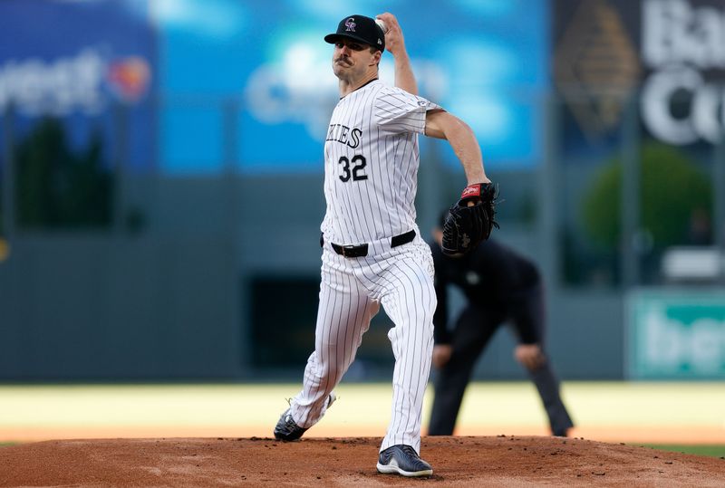 May 7, 2024; Denver, Colorado, USA; Colorado Rockies starting pitcher Dakota Hudson (32) pitches in the first inning against the San Francisco Giants at Coors Field. Mandatory Credit: Isaiah J. Downing-USA TODAY Sports