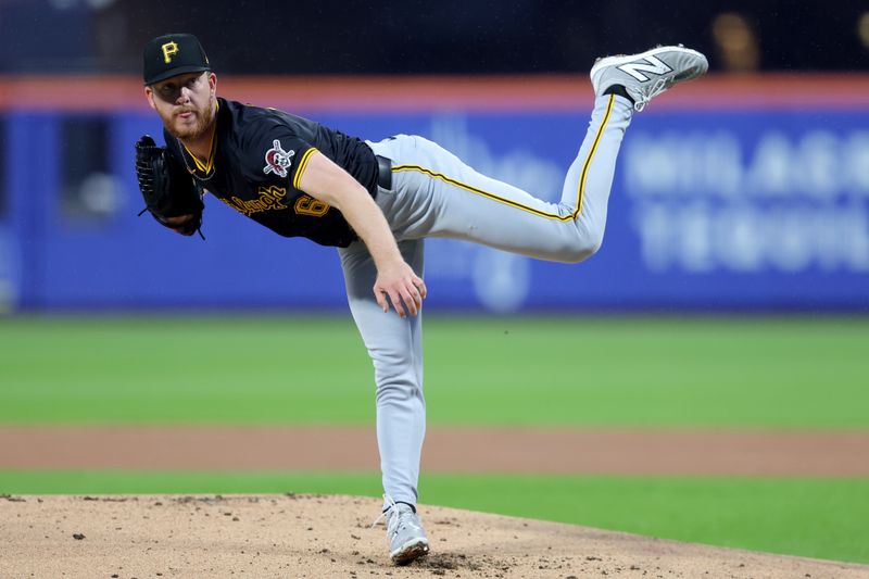 May 14, 2025; New York City, New York, USA; Pittsburgh Pirates starting pitcher Bailey Falter (6) follows through on a pitch against the New York Mets during the first inning at Citi Field. Mandatory Credit: Brad Penner-Imagn Images