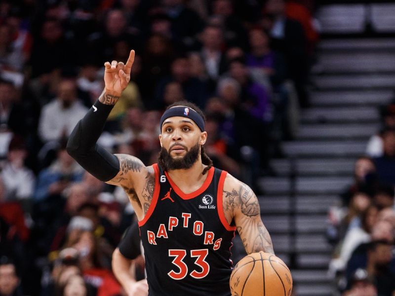 TORONTO, ON - FEBRUARY 23: Gary Trent Jr. #33 of the Toronto Raptors dribbles up court against the New Orleans Pelicans during the first half of their NBA game at Scotiabank Arena on February 23, 2023 in Toronto, Canada. NOTE TO USER: User expressly acknowledges and agrees that, by downloading and or using this photograph, User is consenting to the terms and conditions of the Getty Images License Agreement. (Photo by Cole Burston/Getty Images)