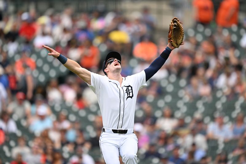 Jun 13, 2024; Detroit, Michigan, USA;  Detroit Tigers first baseman Mark Canha (21) calls for a pop fly in the infield against the Washington Nationals in the first inning at Comerica Park. Mandatory Credit: Lon Horwedel-USA TODAY Sports