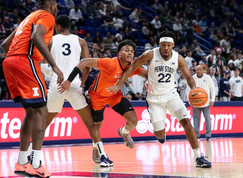 Feb 14, 2023; University Park, Pennsylvania, USA; Penn State Nittany Lions guard Jalen Pickett (22) dribbles the ball around Illinois Fighting Illini guard Terrence Shannon Jr (0) during the first half at Bryce Jordan Center. Penn State defeated Illinois 93-81. Mandatory Credit: Matthew OHaren-USA TODAY Sports