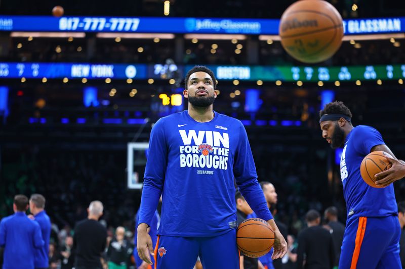 BOSTON, MA - MAY 5: Karl-Anthony Towns #32 of the New York Knicks warms up before the game against the Boston Celtics during Game 1 of the 2025 NBA Eastern Conference Semifinals on May 5, 2025 at TD Garden in Boston, Massachusetts. NOTE TO USER: User expressly acknowledges and agrees that, by downloading and/or using this Photograph, user is consenting to the terms and conditions of the Getty Images License Agreement. Mandatory Copyright Notice: Copyright 2025 NBAE (Photo by David L. Nemec/NBAE via Getty Images)