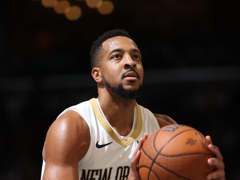 MEMPHIS, TN - NOVEMBER 29: CJ McCollum #3 of the New Orleans Pelicans shoots a free throw during the game against the Memphis Grizzlies during the Emirates NBA Cup game on November 29, 2024 at FedExForum in Memphis, Tennessee. NOTE TO USER: User expressly acknowledges and agrees that, by downloading and or using this photograph, User is consenting to the terms and conditions of the Getty Images License Agreement. Mandatory Copyright Notice: Copyright 2024 NBAE (Photo by Joe Murphy/NBAE via Getty Images)