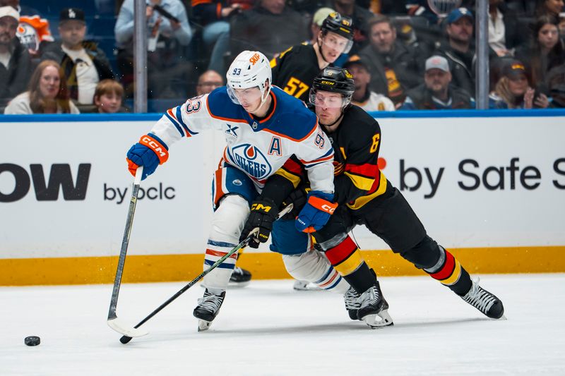 Jan 17, 2026; Vancouver, British Columbia, CAN; Vancouver Canucks forward Brock Boeser (6) checks Edmonton Oilers forward Ryan Nugent-Hopkins (93) in the second period at Rogers Arena. Mandatory Credit: Bob Frid-Imagn Images