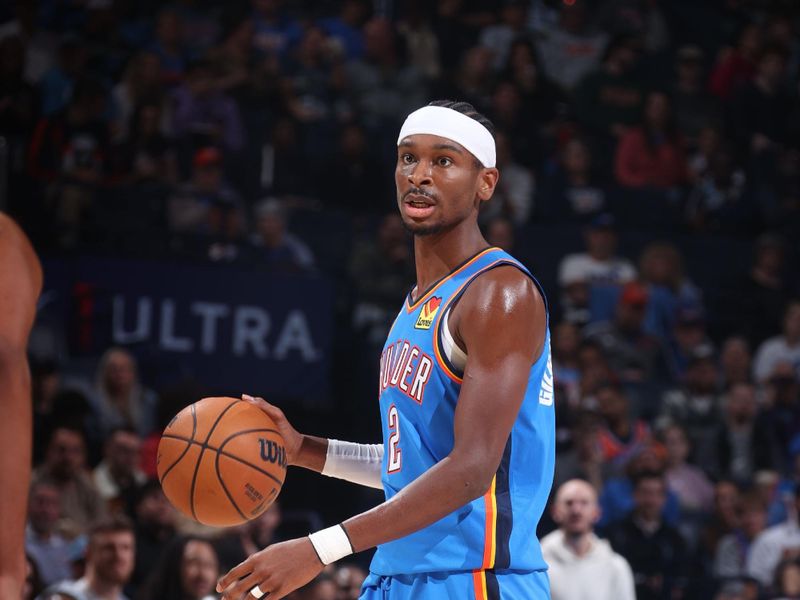 OKLAHOMA CITY, OK - NOVEMBER 13: Shai Gilgeous-Alexander #2 of the Oklahoma City Thunder dribbles the ball during the game against the New Orleans Pelicans on November 13, 2024 at Paycom Center in Oklahoma City, Oklahoma. NOTE TO USER: User expressly acknowledges and agrees that, by downloading and or using this photograph, User is consenting to the terms and conditions of the Getty Images License Agreement. Mandatory Copyright Notice: Copyright 2024 NBAE (Photo by Nathaniel S. Butler/NBAE via Getty Images)