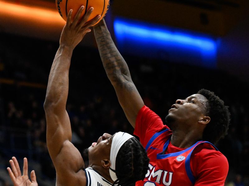 Feb 26, 2025; Berkeley, California, USA; SMU Mustangs guard Chuck Harris (3) fouls California Golden Bears guard Jeremiah Wilkinson (0) in the first half at Haas Pavilion. Mandatory Credit: Eakin Howard-Imagn Images