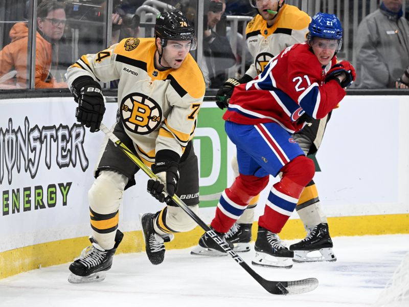 Jan 20, 2024; Boston, Massachusetts, USA; Boston Bruins left wing Jake DeBrusk (74) skates against the Montreal Canadiens during the first period at the TD Garden. Mandatory Credit: Brian Fluharty-USA TODAY Sports