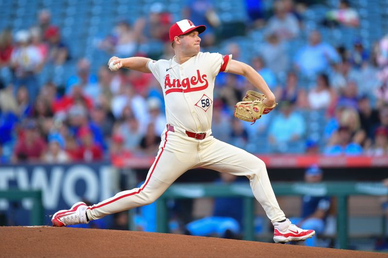 Aug 12, 2024; Anaheim, California, USA; Los Angeles Angels pitcher Davis Daniel (58) throws against the Toronto Blue Jays during the first inning at Angel Stadium. Mandatory Credit: Gary A. Vasquez-USA TODAY Sports