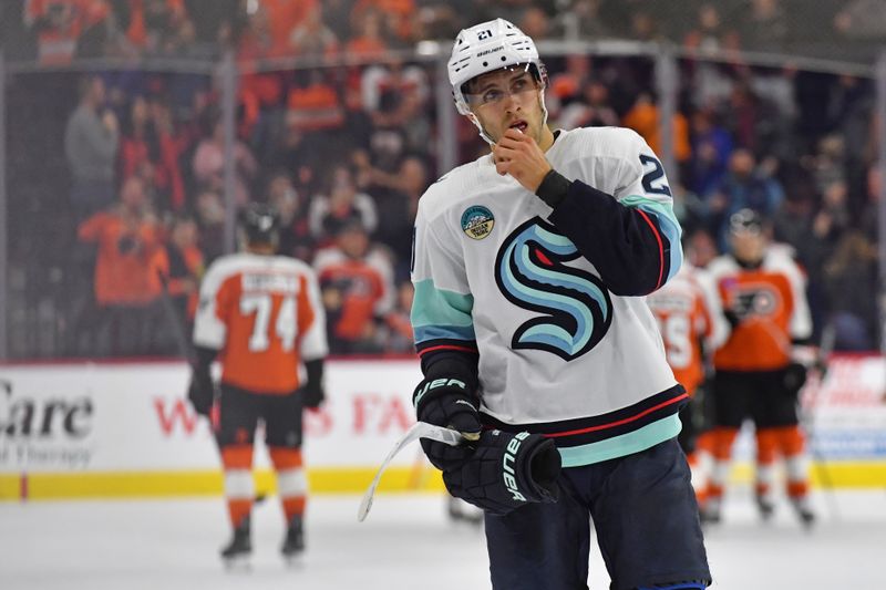 Feb 10, 2024; Philadelphia, Pennsylvania, USA; Seattle Kraken center Alex Wennberg (21) skates off the ice after loss to the Philadelphia Flyers at Wells Fargo Center. Mandatory Credit: Eric Hartline-USA TODAY Sports