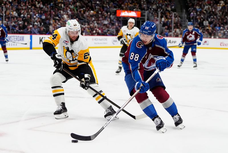 Mar 4, 2025; Denver, Colorado, USA; Pittsburgh Penguins defenseman Matt Grzelcyk (24) defends on Colorado Avalanche center Martin Necas (88) in the second period at Ball Arena. Mandatory Credit: Ron Chenoy-Imagn Images