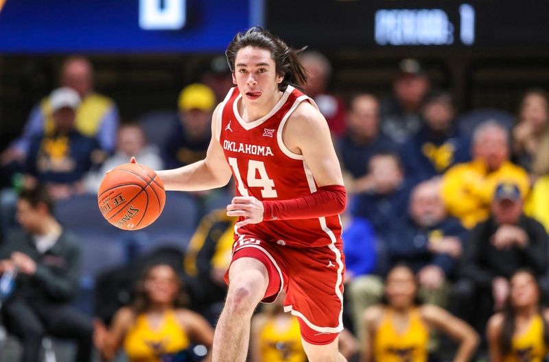 Feb 4, 2023; Morgantown, West Virginia, USA; Oklahoma Sooners guard Bijan Cortes (14) dribbles the ball up the floor against the West Virginia Mountaineers during the first half at WVU Coliseum. Mandatory Credit: Ben Queen-USA TODAY Sports